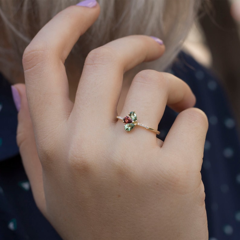 Tourmaline ring, Ruby ring, green tourmaline ring, pink, pear cut, 14K gold ring, diamond ring, promise ring, rose gold ring, art deco, gift image 1