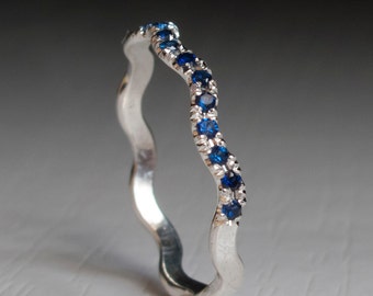 Half Eternity Sapphire ring - dainty - wave ring - White Gold or Silver