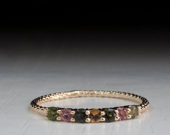 Anillo de turmalina verde - Turmalina amarilla - Anillo delicado de oro de turmalina rosa
