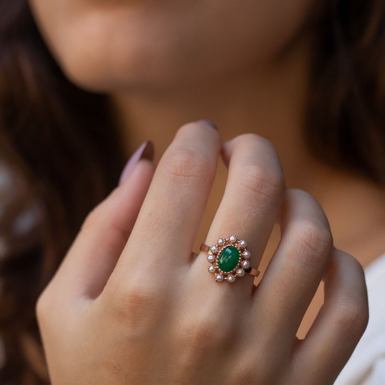 Emerald and pearl Ring engagement ring petal ring victorian ring princess diana ring Gold ring real pearls Green Stone 14K image 1