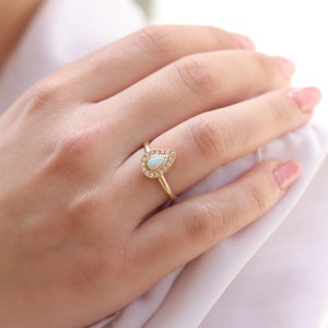 Opal diamond halo ring , handmade ring, 14k diamond ring, unique ring, gold opal ring, white opal engagement ring image 5