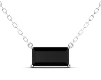 Black Onyx Pendant Necklace, Sterling Silver Rhodium (Handmade)