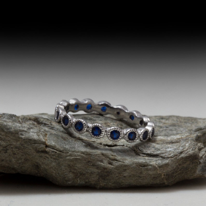 White Gold Sapphire Eternity ring - gemstone - Sterling silver - Blue stone ring - Thin Elegant band 