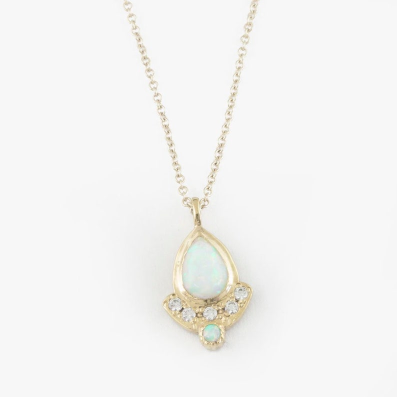 Diamond necklace Australian white opal necklace gold fan necklace teardrop pendant dainty pear shaped pendant