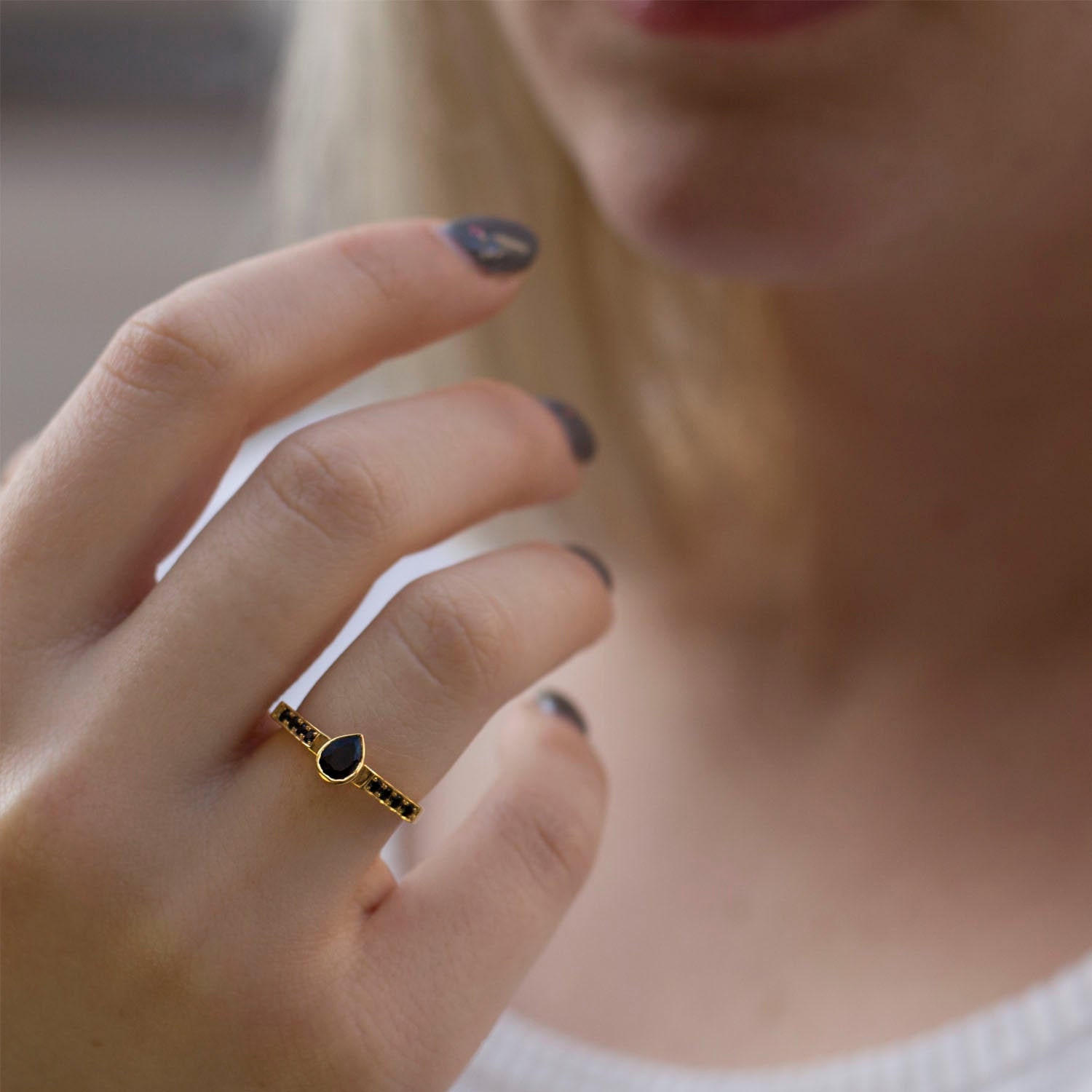 Black Onyx Ring , Gold Ring, Pave, Pear Cut, Natural Black Onyx 