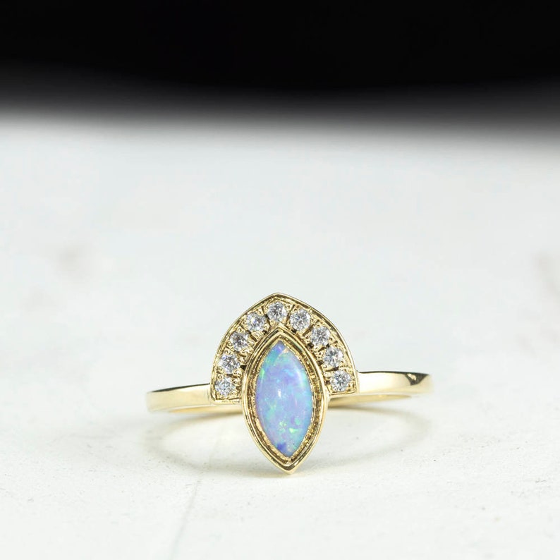 Vintage ring, diamond ring, opal ring, engagement ring, unique, Crown ring, opal engagement ring, Diamond halo, blue, art deco, gift for her image 1