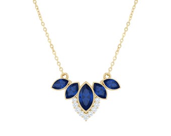 Sapphire Necklace: Marquise Cut with Diamonds - 14K Gold