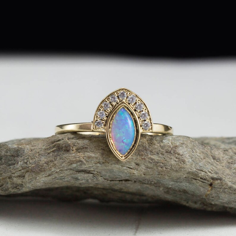 Vintage ring unique ring engagement ring unique engagement blue opal opal engagement ring opal ring diamond ring halo opal ring