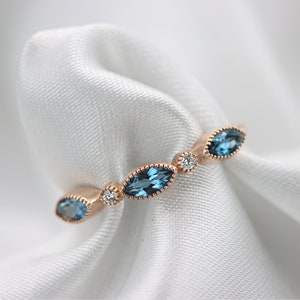 London Blue Topaz and Diamond ring - Marquise cut - natural diamonds - 14K Gold ring - Yellow gold - Rose gold - Gift for her - anniversary