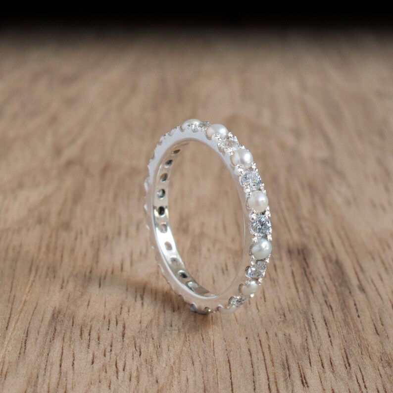 Diamonds and Pearls alternating eternity White Gold Ring Etsy