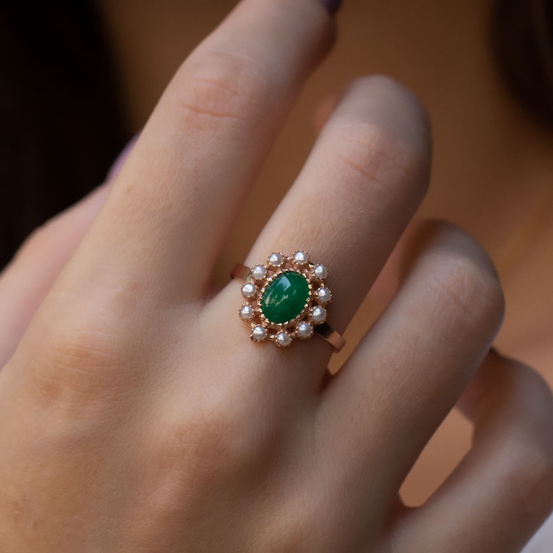 Emerald and pearl Ring engagement ring petal ring victorian ring princess diana ring Gold ring real pearls Green Stone 14K image 6