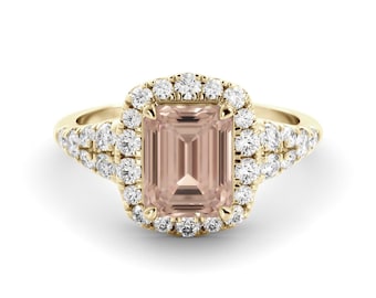 Morganite Gold Ring: Emerald Cut Stone with Diamond Halo