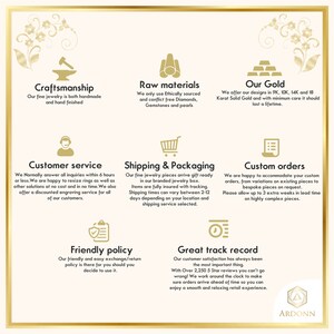 Puede incluir: Un gr&aacute;fico con informaci&oacute;n sobre la artesan&iacute;a, los materiales, el oro, el servicio al cliente, el env&iacute;o y el embalaje, los pedidos personalizados, la pol&iacute;tica de devoluci&oacute;n y el excelente historial de seguimiento de una empresa de joyer&iacute;a. El gr&aacute;fico presenta una variedad de iconos y texto, incluido el logotipo de la empresa, Ardonn.