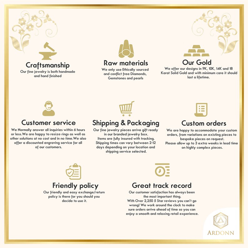 Puede incluir: Un gr&aacute;fico con informaci&oacute;n sobre la artesan&iacute;a, los materiales, el oro, el servicio al cliente, el env&iacute;o y el embalaje, los pedidos personalizados, la pol&iacute;tica de devoluci&oacute;n y el excelente historial de seguimiento de una empresa de joyer&iacute;a. El gr&aacute;fico presenta una variedad de iconos y texto, incluido el logotipo de la empresa, Ardonn.