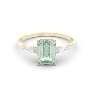 Green Aquamarine ring, Diamond ring, anniversary ring, engagement ring. dainty ring, 14K gold ring, emerald cut, promise ring