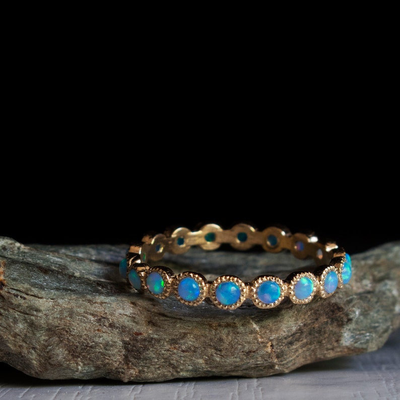 Eternity Opal Gold Ring Blue Stone Ring October Birthstone Etsy