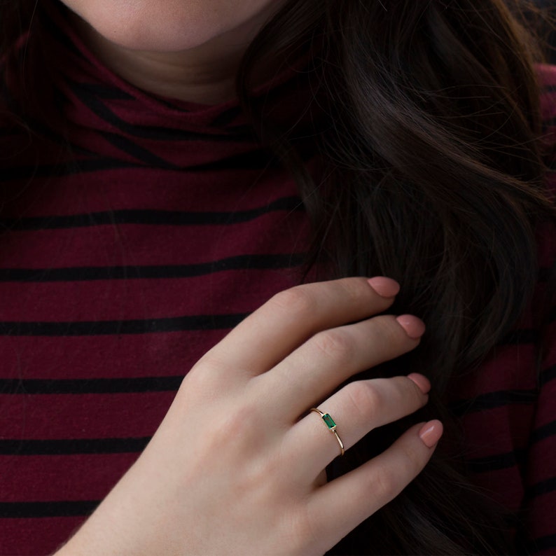 Emerald baguette ring, gold emerald ring, dainty emerald ring, 14 Karat gold ring , may birthstone, image 7