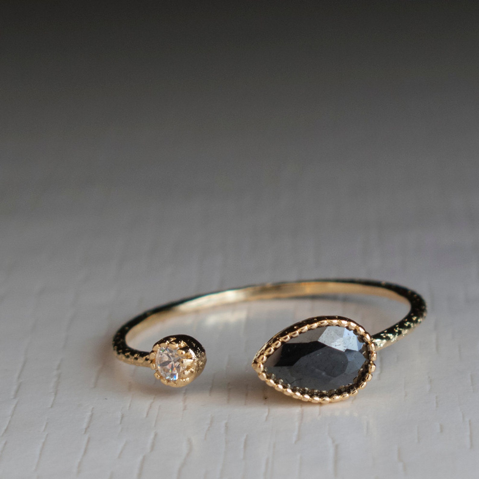 Open Ring Black Onyx Adjustable Stacking Ring Pear Etsy