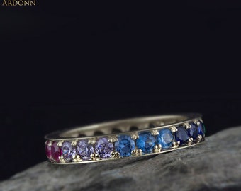 Gold Rainbow gradient Eternity ring - Sapphire - Emerald - ombre ring- Garnet - Blue Topaz - Aquamarine - Amethyst