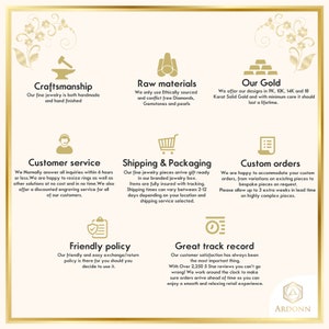 Pode incluir: Um gr&aacute;fico com texto que descreve o artesanato, as mat&eacute;rias-primas, o ouro, o atendimento ao cliente, o envio e a embalagem, os pedidos personalizados, a pol&iacute;tica amig&aacute;vel e o excelente hist&oacute;rico de uma empresa de joias. O texto est&aacute; em branco e preto sobre um fundo branco. O gr&aacute;fico tamb&eacute;m inclui &iacute;cones para cada um dos t&oacute;picos.