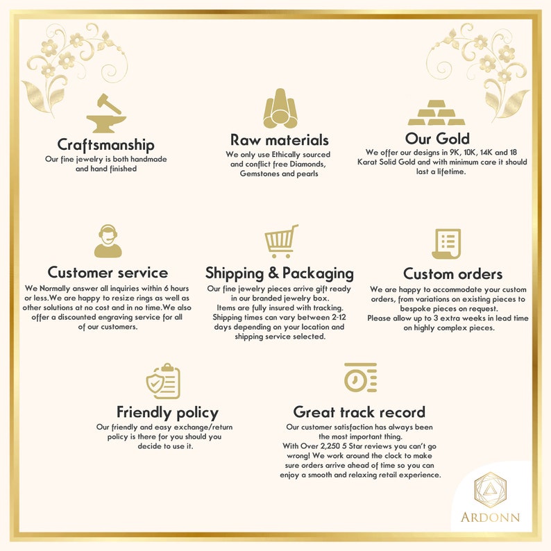 Pode incluir: Um gr&aacute;fico com texto que descreve o artesanato, as mat&eacute;rias-primas, o ouro, o atendimento ao cliente, o envio e a embalagem, os pedidos personalizados, a pol&iacute;tica amig&aacute;vel e o excelente hist&oacute;rico de uma empresa de joias. O texto est&aacute; em branco e preto sobre um fundo branco. O gr&aacute;fico tamb&eacute;m inclui &iacute;cones para cada um dos t&oacute;picos.