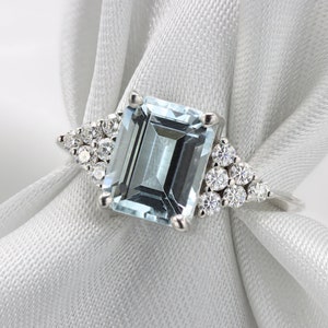 Anillo de aguamarina y diamantes, anillo de oro de 14 quilates, anillo art decó, anillo vintage, anillo solitario, aguamarina, diamantes