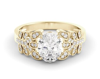 Engagement Ring: Oval Lab Diamond with Leaf Details (14K Gold)