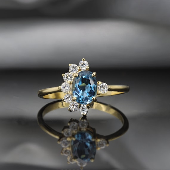 London blue topaz ring, rose gold ring, engagement ring, vintage ring, fan ring, ring for women, Diamond ring, 14K gold ring, gift for her