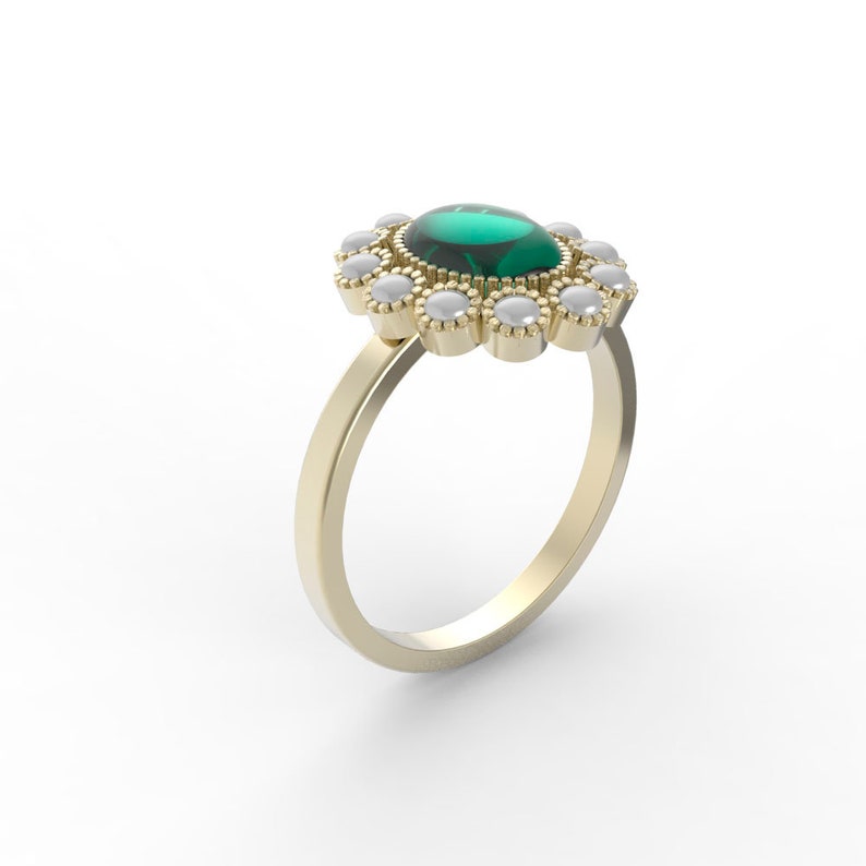 Emerald and pearl Ring engagement ring petal ring victorian ring princess diana ring Gold ring real pearls Green Stone 14K image 4