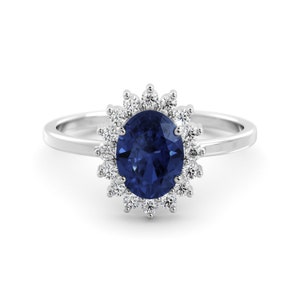 Sapphire and Diamond Halo Gold Ring Princess Diana Inspired Ring ...