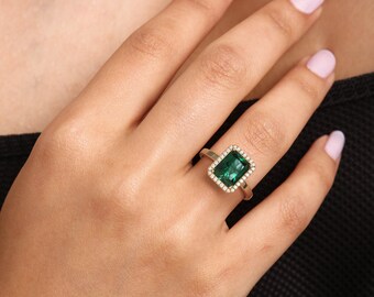 Gleaming Majesty: Handmade Emerald Cut Emerald Gemstone Ring with Diamond Halo in 10K/14K Gold