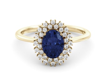 Princess Diana Inspired Blue Sapphire Diamond Halo Ring - Elegance Redefined
