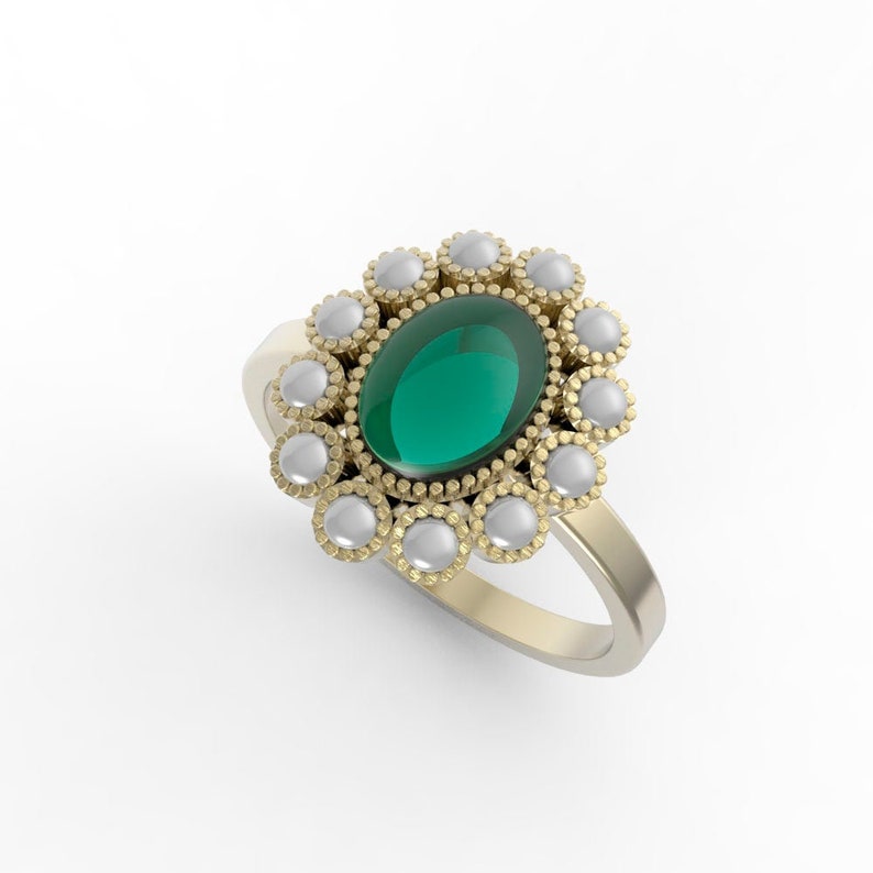 Emerald and pearl Ring engagement ring petal ring victorian ring princess diana ring Gold ring real pearls Green Stone 14K image 2
