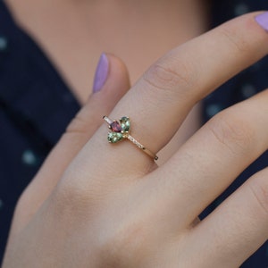 Tourmaline ring, Ruby ring, green tourmaline ring, pink, pear cut, 14K gold ring, diamond ring, promise ring, rose gold ring, art deco, gift image 5
