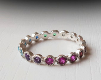 White Gold Eternity ring - Sapphire - Ruby - Citrine - Emerald - Garnet - Blue Topaz - Thin band - Silver - Amethyst