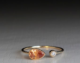 Open ring - Orange - Champagne - adjustable Stacking ring - Topaz - Fire - pear shaped - White zircon - classic