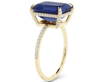 Sapphire and Diamond Ring - Emerald Cut Blue Stone, 14K Yellow Gold