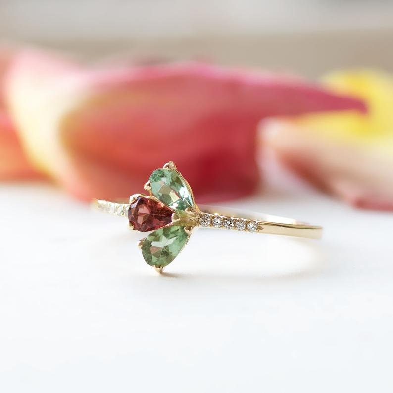 Tourmaline ring, Ruby ring, green tourmaline ring, pink, pear cut, 14K gold ring, diamond ring, promise ring, rose gold ring, art deco, gift image 2