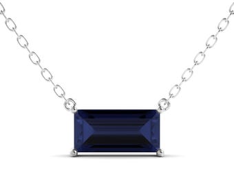 Delicate Sterling Silver Necklace, Blue Baguette Sapphire (Everyday Wear)