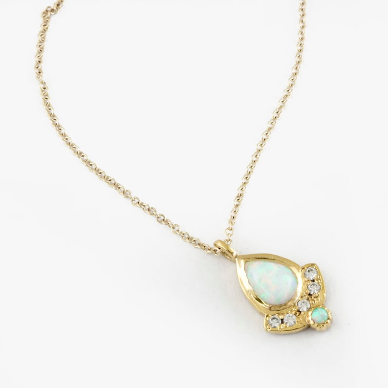 Diamond necklace Australian white opal necklace gold fan necklace teardrop pendant dainty pear shaped pendant