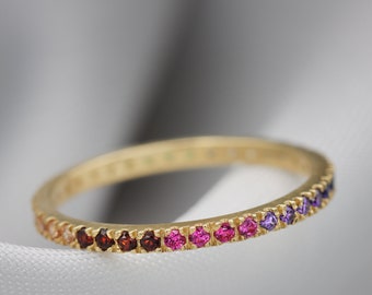 Rainbow eternity ring with 4 Diamonds and natural gemstones