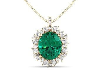 Emerald Diamond Necklace: Floral Pendant in 14K Gold (Natural VS Diamonds)