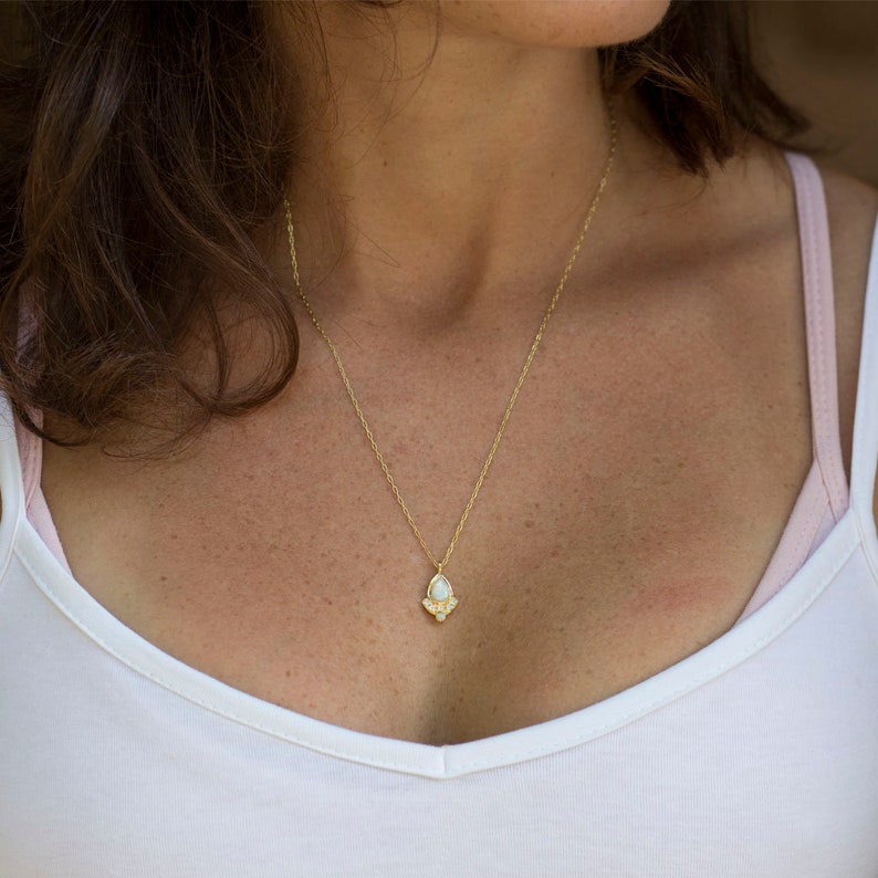 Diamond necklace Australian white opal necklace gold fan necklace teardrop pendant dainty pear shaped pendant