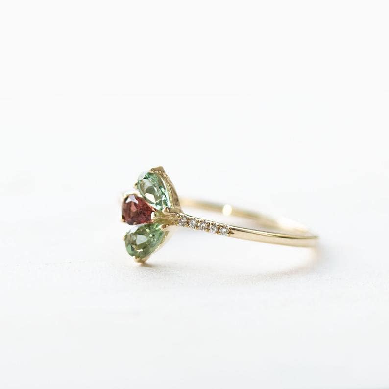 Tourmaline ring, Ruby ring, green tourmaline ring, pink, pear cut, 14K gold ring, diamond ring, promise ring, rose gold ring, art deco, gift image 8