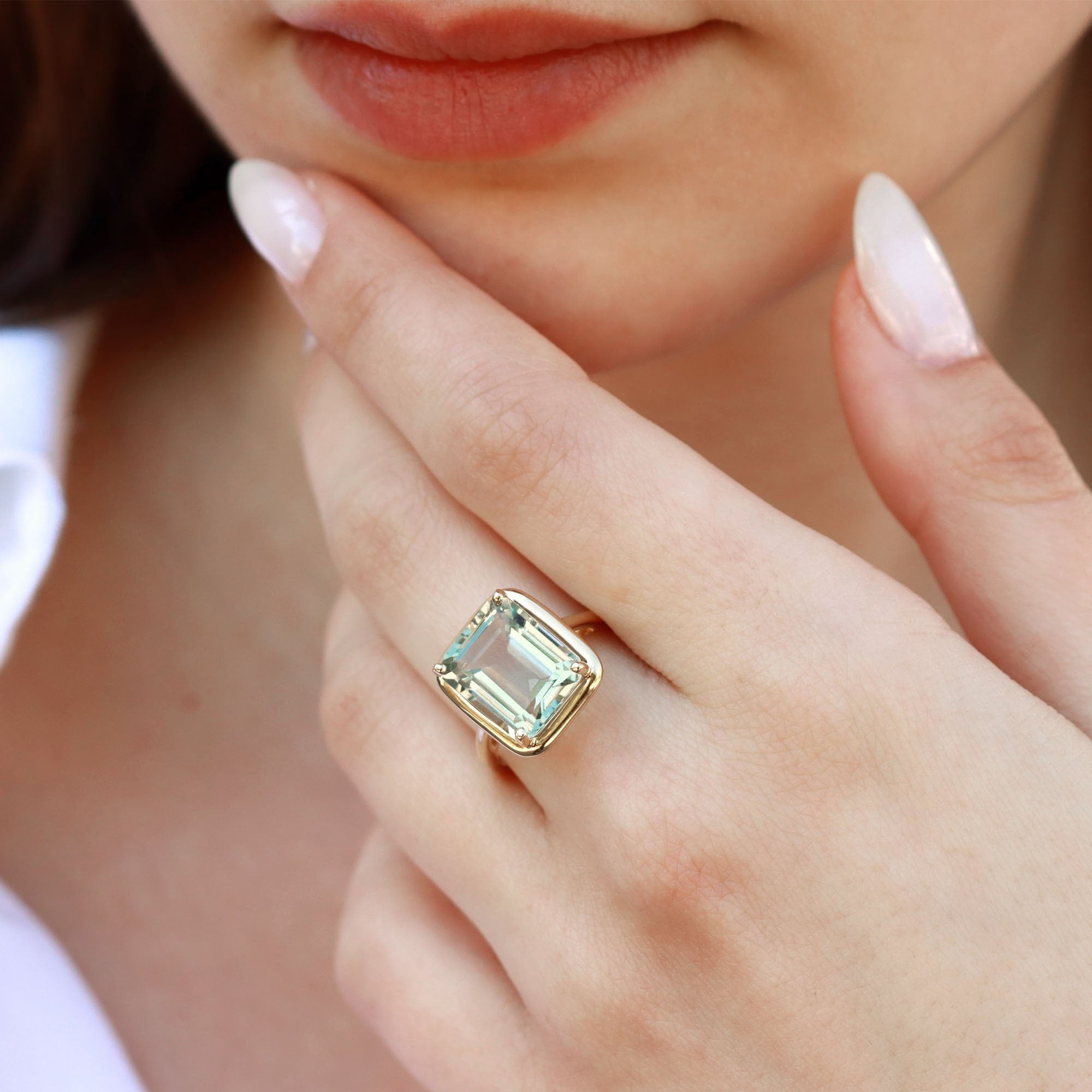 Bold Presence Green Aquamarine Cocktail Ring Solitaire Ring 14K