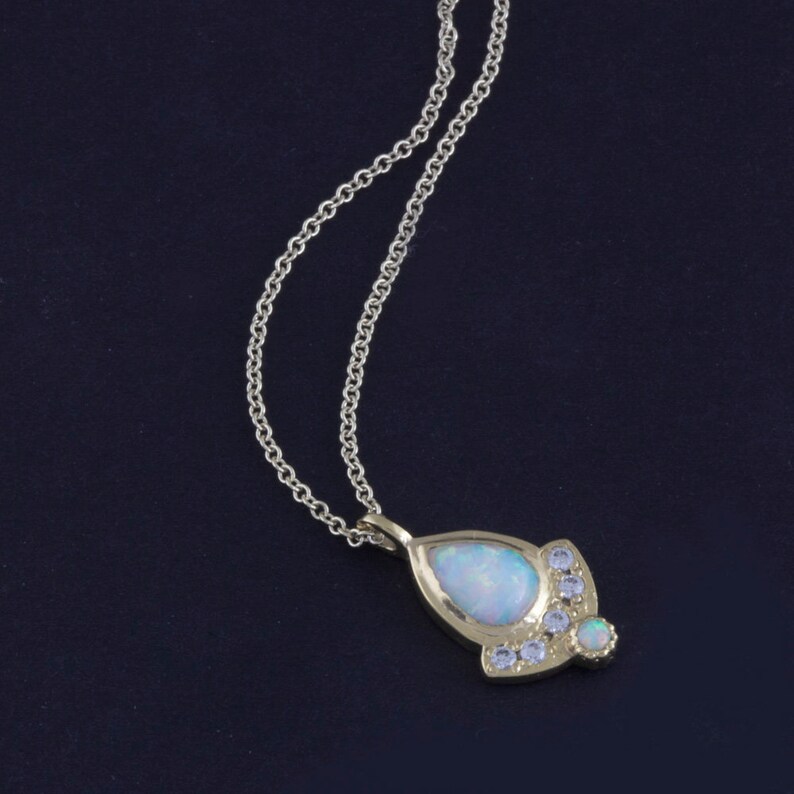 Diamond necklace Australian white opal necklace gold fan necklace teardrop pendant dainty pear shaped pendant