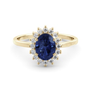 Sapphire and Diamond Halo gold ring - Princess Diana inspired ring - September birthstone