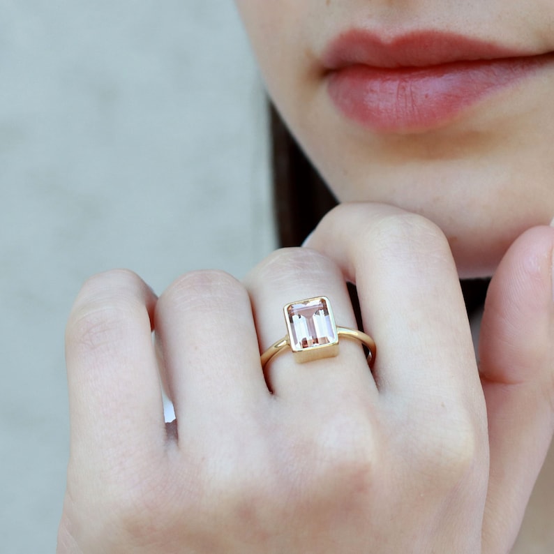 Morganite ring / pink morganite ring / engagement ring / Bezel set / Promise ring / Best friend ring / 14K Gold ring image 2