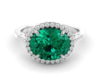 Oval Emerald and Diamond Ring - 3.37 Carat Rhodium Silver