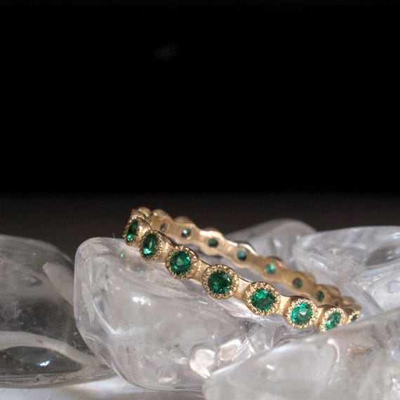 Green Emerald gemstone Eternity ring 9 Karat Gold - May birthstone - Forest Green - Natural gemstone - Emeralds - stacking eternity band